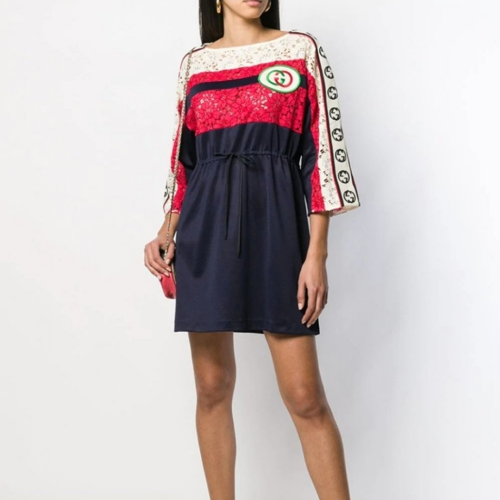 Gucci GG Floral Lace Logo Stripe Dress in Blue